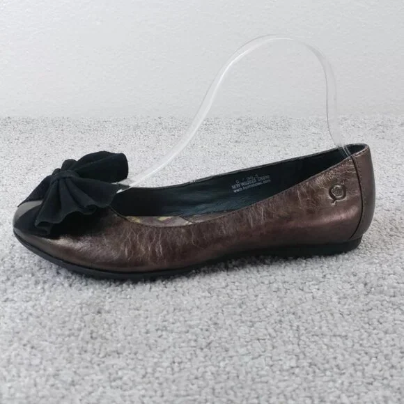 Born Molly Ballet Flats Womens 6 Comfort Shoes Slip On Bow Brown Bronze Leather - Picture 2 of 11